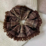 Daiiibabyyy  1PC  Plaid Fringed Scrunchie Vintage Brown Tartan Hair Tie Soft Fabric Hair Accessory For Women Girls Daily Winter Fashion Gift