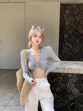 DAIIIBABYYY  -  American Hot Girl Hollow V-neck T-shirt for Women's Spring Long-sleeved Grey Slim Fit Sexy Short Top Fashion Female Clothes