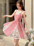 DAIIIBABYYY  -  Red Plaid Patchwork Lace A-Line Short Dress Women Elegant Bow Y2k Dress Summer Korean Fashion Bodycon Festival Party Dress