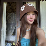 Daiiibabyyy  Korean Sweet Three-dimensional Flower Hand-crocheted Bucket Hat Men's and Women's Spring and Summer Fashion Versatile Basin Cap