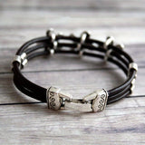 Daiiibabyyy  Vintage Silver Flower Beaded Black Leather Multi-layer Bangle Bohemian Couple Friends Lucky Bracelet Jewelry Gifts