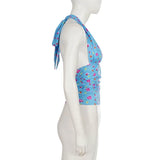 Daiiibabyyy  Blue Floral Halter Top Deep V Neck Ruched Sleeveless Backless Crop Blouse Summer Chic Lady Fashion Casual Streetwear Tops