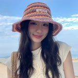 DAIIIBABYYY  -  Korean Fashion Contrasting Stripes Hollow Bucket Hats for Men and Women Summer Travel Sunscreen Versatile Leisure Basin Cap