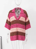 Daiiibabyyy Knit Hollow Out Colour Sweater Stripe Short Sleeve Lapel Female Pullover 2024 Summer Fashion Loose Streetwear Lady Jumper