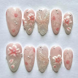 Daiiibabyyy  24PCS Glossy 3D Flower Butterfly Almond False Nails Sweet Pink Gradient with Pearl French Press on Fake Nails Wearable Ins Nails