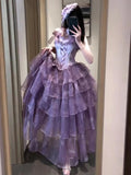 Daiiibabyyy  Summer New Women's Purple Slim High-Waisted Long Lolita Dress Versatile Bustle Black Birthday Adult Ceremony Princess Dress