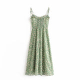 Daiiibabyyy  French Summer Green Flower Print Bandage Spaghetti Strap Slit Long Dress Retro Sexy Women Lacing Up Sling Dresses Vestido