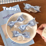 Daiiibabyyy  Girls Sweet Bowknot Hairpin Japanese Style Lace Bow Hair Clip Light Blue Checkered Pattern Bow Headwear