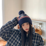 Daiiibabyyy  Japanese Retro Jacquard Knitted Pullover Hat for Women Autumn and Winter Ear Protectors Thickened Warm Skull Beanie Cap