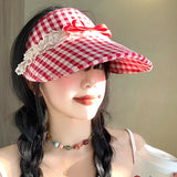 DAIIIBABYYY  -  Korean Version Bow Lace Decorative Plaid Empty Top Hat Women's Summer Outdoor Vacation Shading Foldable Sweet Sun Cap Gorras