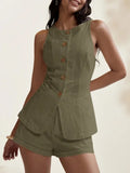 Daiiibabyyy  2 Pieces Set For Woman Shorts Sleeveless Vest Summer Short Pants High Waist Linen Look Capris Two Piece Set Cropped Pants