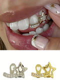 Daiiibabyyy  1Pcs Fashionable Women's Tooth Jewelry, Hollow Five-Pointed Star And Bar Zirconia Double Tooth Accessories