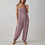 Daiiibabyyy  Vintage Pattern Print High Waist Summer Playsuits Elegant V-neck Tie-up Suspender Romper Casual Sleeveless Loose Women Jumpsuit