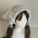 Daiiibabyyy  French Retro Lace Butterfly Triangle Scarf Tie Hair Bands Summer Female Thin Hair Band Travel Photo Seaside Sweet Cute Hair Band