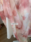 Daiiibabyyy  Women's Elegant Puff Sleeve Ruffles V Neck Floral Long Dress Lady Summer Short Sleeve Slim A Line Long Dress