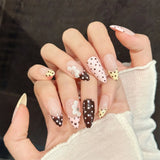 Daiiibabyyy  10pcs Vintage Almond Press On Nails With 3D Polka Dot Flower Design Pink Yellow Brown Sweet Pattern Handmade Fake Nail For Women