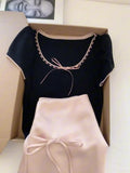 DAIIIBABYYY  -  Sweet Girl Suit Women's Summer Pink High-waisted Lace-up Skirt Black Short Knitwear Two-piece Set Fashion Female Clothes