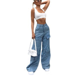 Daiiibabyyy Stylish Loose Women Jeans High Waist Solid Color Casual Wild Wide Leg Pants Multi Pockets Trousers