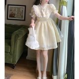 Daiiibabyyy  Spring and Summer French Sweet Bow Lace Embroidered Short Slimming High-Waist Princess Dress for Women