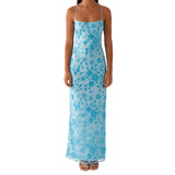 Daiiibabyyy  Women Summer Glitter Sequin Beaded Flower Cami Dress Slim High Split Spaghetti Strap Open Back Long Dresses for Party Club