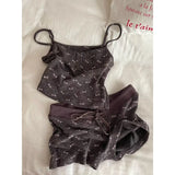 Daiiibabyyy  2Cute Bow Print Ribbed Loungewear Set Women Adjustable Thin Strap Tank Top Elastic Short Pants Daily Nightwear