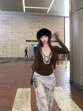 DAIIIBABYYY  - Heavy Sequin Sexy V-neck T-shirt for Women 2024 Autumn New Bottoming Tops Mujer Y2k E-Girl Slim Fit Long Sleeve Tee Shirt