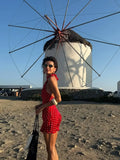 Daiiibabyyy  Chic Backless Polka Dot Halter Dress Women Sleeveless Off Shoulder Lace Up Slim Short Dresses Lady New Daily Party Vestidos