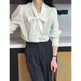 DAIIIBABYYY  -  Spring New Product Shirt Women's Orange Zhi Korean Style Bow White Shirt Unique Top