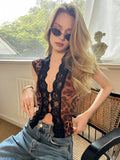 Daiiibabyyy  Women Elegant Leopard Print Lace Top Fashion V-neck Sleeveless Single-breasted Slim Cropped Tops Summer Ladies Streetwear