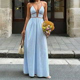 Daiiibabyyy  Women Deep V Neck Color Blocked Striped Vacation Dress Summer Backless Sleeveless Hanging Neck Beach Straps Leisure Long Skirt