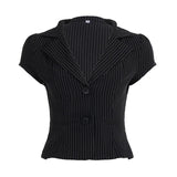 Daiiibabyyy  Sexy Deep V Neck Striped Shirt Women Black Two Button Cardigan Waist Cinched Summer Short Top Fashionable Casual Commuting Basic