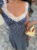 Daiiibabyyy  Black White Polka Dot Lace Trim Heart Neck Puff Sleeve Ruched Waist A-Line Midi Dress