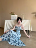 DAIIIBABYYY  -  New Blue Floral Mesh Chic Sling Maxi Dress Women Elegant Casual Beach Style Dress Summer Korean Fashion Bodycon Party Dress