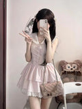 DAIIIBABYYY  -  French Sweet Girl Pink Lace Splicing Navy Collar Puff Dress Female Students New Waist Concealing Princess Short Dresses