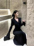 Daiiibabyyy  Black Long Sleeve Chic Ruffled Lace V-Neck Evening Gown Women Elegant Luxury Mermaid Dress Autumn Winter New French Dresses