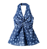 DAIIIBABYYY  -  Hot Girl Pure Desire Style Fresh Floral Pleated Halter V-neck Sleeveless Camisole Women's Summer Off-shoulder Slim Sling Tops