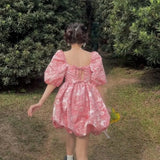 DAIIIBABYYY  -  Pure Desire Sweet and Fresh Summer Lolita Spliced Slash Neck Printing Folds Slim Fashion Elegance Casual Puff Sleeve Dresses