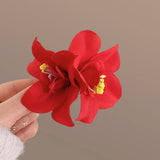 Daiiibabyyy  Side Hairpin Red Bauhinia Flower Straight Clip Seaside Holiday Essential Sweet Duckbill Clip Female Double Flower Hairpin