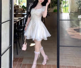 Daiiibabyyy  Summer French Style Square Collar Mini Dress Fashion Gauze Lace Spliced Female Clothing Elegant Puff Sleeve Ball Gown Dresses