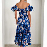 Daiiibabyyy  Casual Women Sweet Spring Puff Short Sleeve Party Dress 2025 Female Big Hem Dress Elegant One Shoulder Floral Print Long Dress