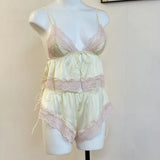 Daiiibabyyy  French Pure Lingerie Soft Silk Suspender Sleep Tops with Shorts Sexy Pajamas Women's Sleepwear V-Neck Loungewear Set Night Wears