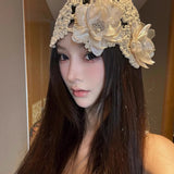 Daiiibabyyy  Girl's Cute Hats Korean Style Retro Pearl Flower Pullover Hat Featuring Knitted Hollowed Out Hook Flower Cap Knitted Bucket Hats
