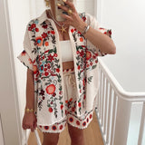 Daiiibabyyy  Cotton Linen Casual Summer Outfit Fashion Lapel Button Shirt & Short Pant Suit Women Fashion Pattern Print Half Sleeve Loose Set