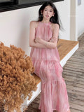 DAIIIBABYYY  -  Pink Tie Dye Beach Long Dress Women Elegant Casual Sleeveless Sweet Tanks Dress Casual Vintage Summer Lady Loose Long Dress