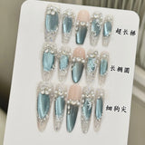 Daiiibabyyy  10pcs Blue Ice Crystal Cat's Eye Press On Nails Glitter Sequins Pearl Diamond Handmade Fake Nails Romantic French Tip False Nail