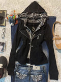 Daiiibabyyy  Subculture Y2k Leopard Print Splicing Fake Two-piece Hooded Sweatshirt Jacket Autumn Zipper New Design Sense Top Ins