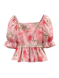 DAIIIBABYYY  -  Women's French One-shoulder Floral Temperament Shirts Female Summer Sweet Gentle Style Short Puff Sleeve Bow Pullover Blouse