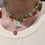 Daiiibabyyy  Mint Green Crystal Bead Necklace for Women Luxury Delicate Charm Sweet Heart Pendent Necklace Trendy Versatile Jewelry Wholesale