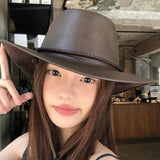 Daiiibabyyy  American Retro Western Cowboy Hat Women Outdoor Horseback Riding Travel Sun Shade Sunscreen Hat Mountaineering Hat PU Soft