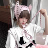 Daiiibabyyy  Korean Version Pink Polka Dot Satin Little Devil Corner Strap Pullover Hat Women Spring and Summer Sweet Niche Cute Headband